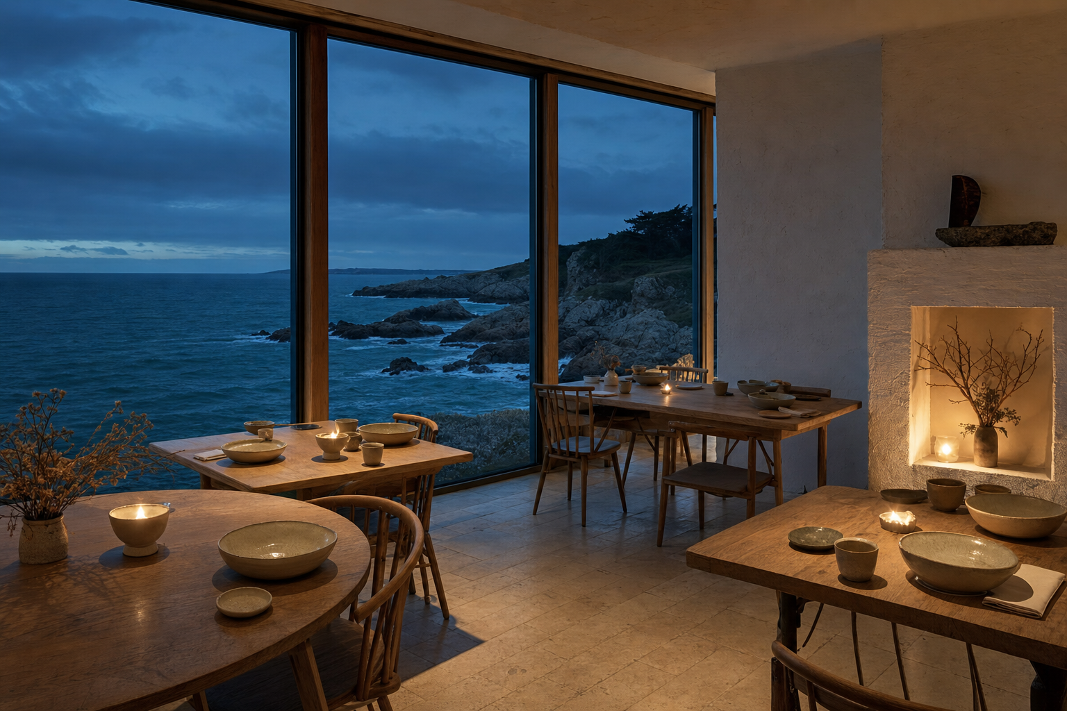 La salle de Marée à la tombée du jour : tables en chêne, céramiques claires, une baie vitrée ouverte sur l'Atlantique